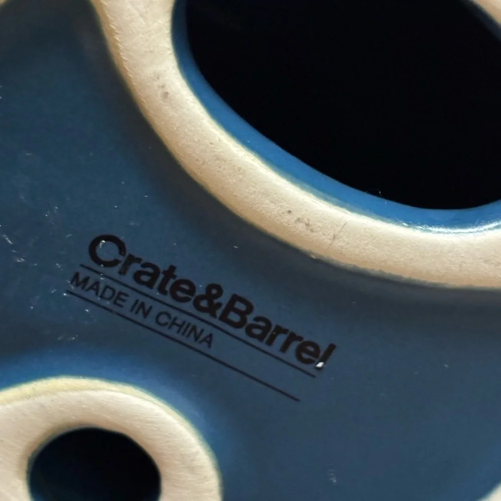 Crate&barrel blue and beige ceramic ribbed candle holder